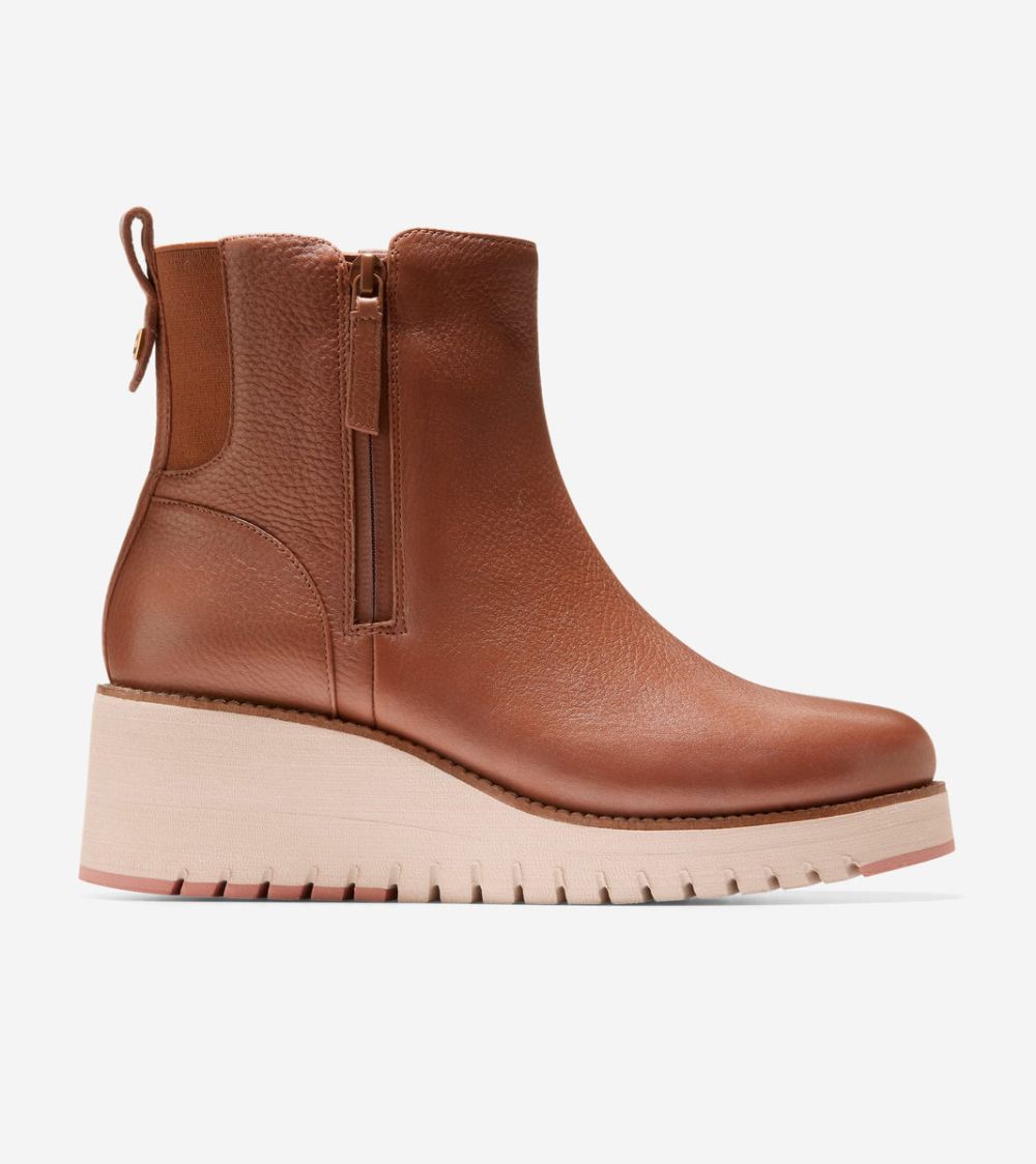 Cole Haan Women's ZEROGRAND City Wedge Side Zip Boot - British Tan-Ivory | Canada Outlet